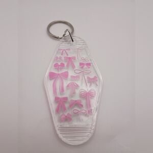 Motel Hotel Retro Styled Clear Pink Bows Keychain Keyring